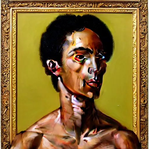 Image similar to A portrait of a skinny modern and stunning non-binary person, medium skin tone, Mexican, oil painting by Kehinde Wiley, majestic, detailed, high resolution