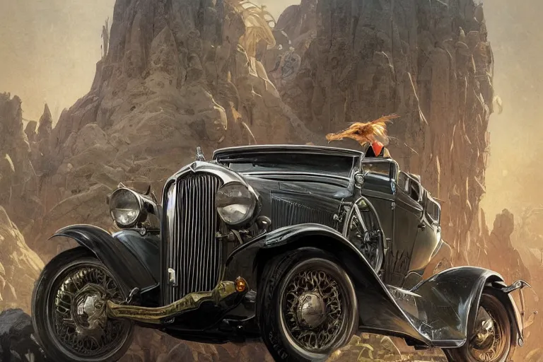 Image similar to 1930 car, fantasy, elegant, intricate, highly detailed, digital painting, artstation, concept art, sharp focus, illustration, art by artgerm and greg rutkowski and alphonse mucha