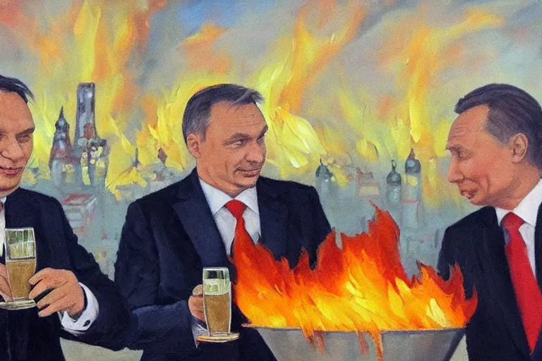 Image similar to viktor orban drinking champagne with putin in front a burning city, oil painting