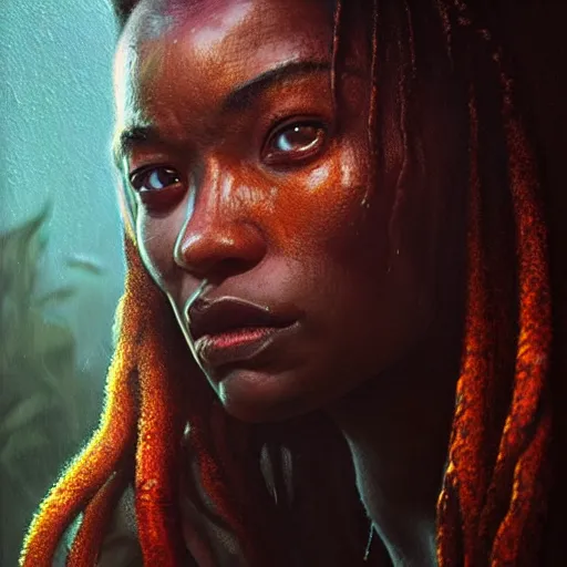 Image similar to menacing female predator from the predator movies portrait, atmospheric lighting, painted, intricate, volumetric lighting, beautiful, rich deep colors masterpiece, golden hour, sharp focus, ultra detailed, by Leesha Hannigan, Ross Tran, Thierry Doizon, Kai Carpenter, Ignacio Fernández Ríos