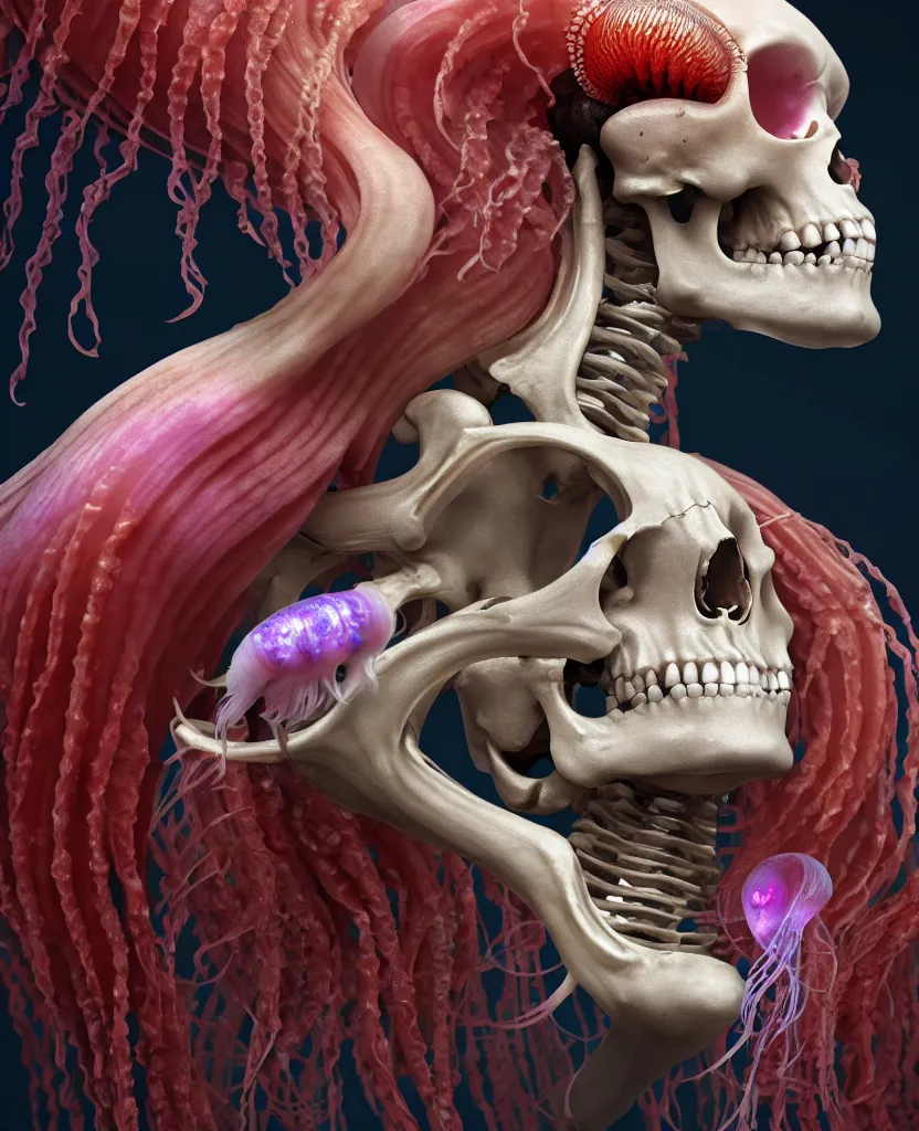 Image similar to goddess close - up portrait human skeleton, ram skull, jellyfish, orchid, betta fish, bioluminiscent, intricate artwork by tooth wu and wlop and beeple. octane render, trending on artstation, greg rutkowski very coherent symmetrical artwork. cinematic, hyper realism, high detail, octane render, 8 k