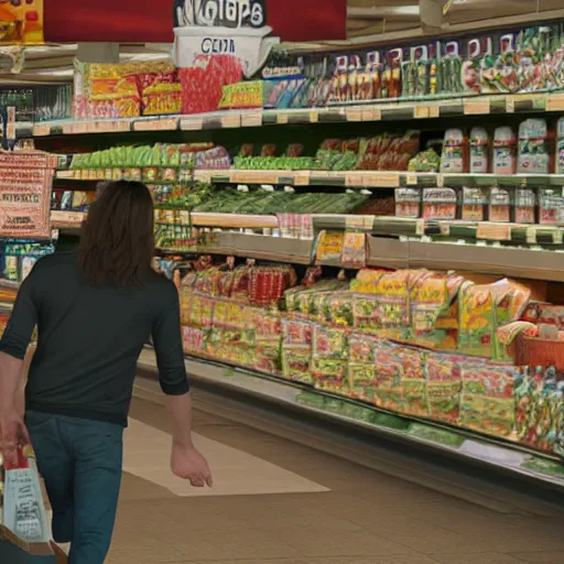 Image similar to mid shot of an realistic jesus buying groceries at the store, shot by amanda carlson and alex strelkovv, professional photo, masterpiece, very detailed, hyper - realistic, unreal engine, straight face, cinematic, 4 k