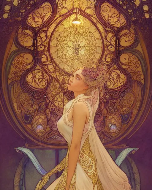 Image similar to a angle, highly detailed, very intricate, art nouveau, gold filigree, romantic storybook fantasy, soft cinematic lighting, award - winning, disney concept art watercolor illustration by mandy jurgens and alphonse mucha and alena aenami, pastel color palette, featured on artstation