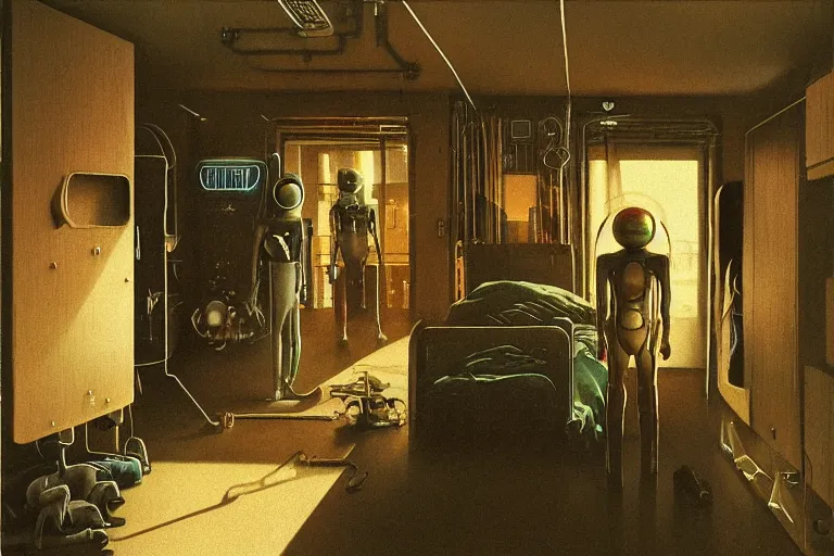 Image similar to IKEA catalogue photo, cyberpunk teenager bedroom, robots, by Beksiński