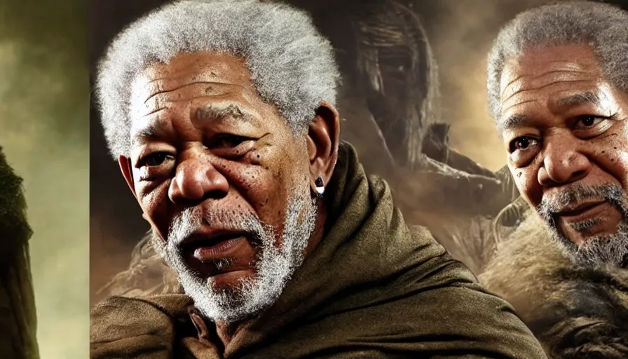 Image similar to morgan freeman starring as gimli in lord of the rings, full body, cnn news footage.