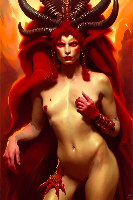 Image similar to painted close - up portrait of a very attractive red - skinned intimidating demon alien queen with ram horns! oil painting, wearing a noblewoman's outfit, fantasy art by john singer sargent and gaston bussiere and james jean and greg rutkowski, demon noble character design, hd