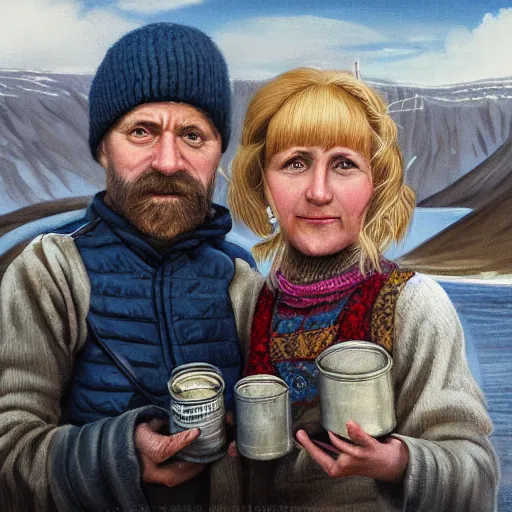 Prompt: a highly detailed portrait of a couple holding a tin can, remote icelandic village, blonde hair, trending on artstation,