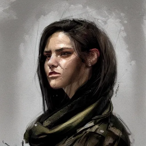 Image similar to Portrait of a woman by Greg Rutkowski, she is about 20 years old, round face, mixture between german and russian, black bob hair, attractive, determined but resentful look, she is wearing futuristic military fatigues with a black scarf, highly detailed portrait, scifi, digital painting, artstation, concept art, smooth, sharp foccus ilustration, Artstation HQ.