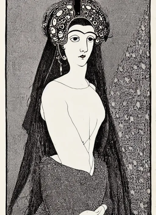 Prompt: portrait of young woman in renaissance dress and renaissance headdress, art by aubrey beardsley