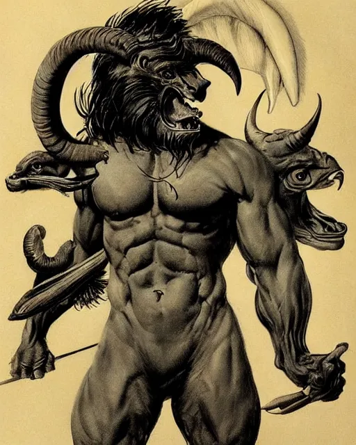 Image similar to a creature with the body and eyes of a man, beak of an eagle, the mane of a lion, two horns of an ox on the head. drawn by frank frazetta