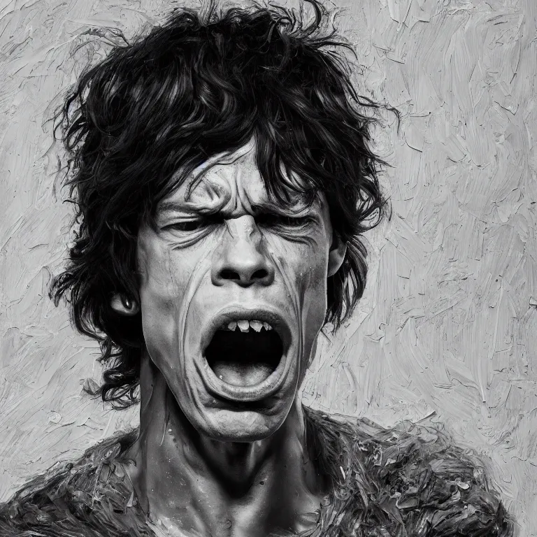 Prompt: warmly lit close up studio portrait of young furiously angry!! Mick Jagger in 1965 angrily singing, impasto oil painting thick brushstrokes by Lucian Freud and Cy Twombly and Tim Hawkinson , trending on artstation dramatic lighting Expressionism