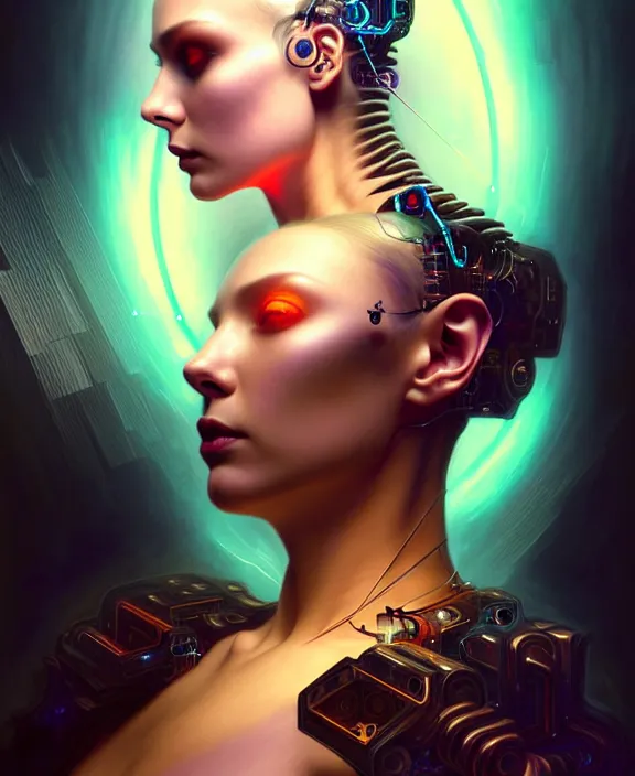 Image similar to a whirlwind of souls rushing inside the metaverse, hologram, half body, neurochip, shaved temple, piercing, jewelry, android, cyborg, cyberpunk face, by loish, d & d, fantasy, intricate, elegant, highly detailed, colorful, digital painting, artstation, concept art, art by artgerm and greg rutkowski and alphonse mucha