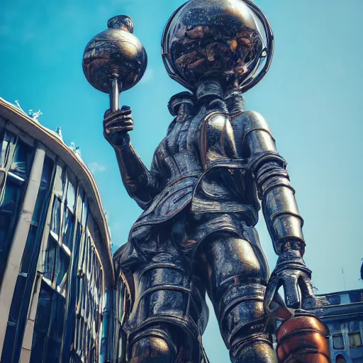 Prompt: a giant statue of a plunger in the center of london. futuristic. blue blurry background. highly detailed, intricate steampunk ornate, poetic, 3 d render, digital art, octane render, 8 k artistic photography, photorealistic.