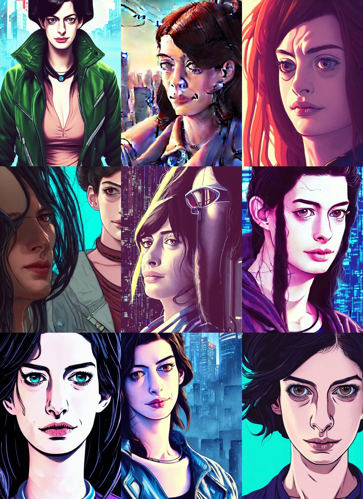 Prompt: close up illustration of young anne hathaway in cyberpunk clothes, detailed face, in a tokyo street, trending on artstation, by dan mumford, yusuke murata, makoto shinkai, ross tran, cel shaded, flat colors