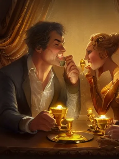 Prompt: a couple with misterious expressions, cheers, a toast with golden cups. intricate, elegant, highly detailed, digital painting, artstation, concept art, sharp focus, illustration, by justin gerard and artgerm, 8 k