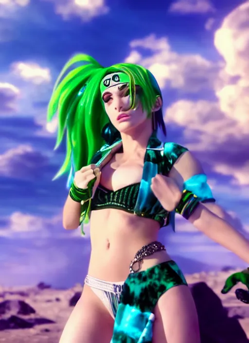 Image similar to cinematic scene with bella thorne as jolyne from jojo's bizarre adventure, stone ocean, dramatic, small details, volumetric lighting, still frame