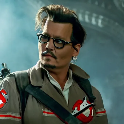 Image similar to Johnny Depp as a Ghostbuster in the movie Ghostbusters movie still 8k hdr moody lighting