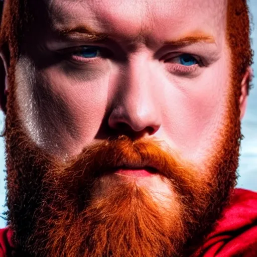 Image similar to angriestpat with red beard starring as superman, movie still, 8 k