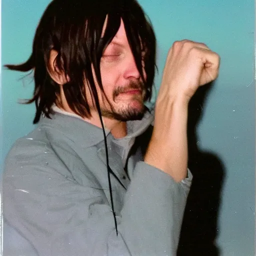 Image similar to 9 0 s polaroid photograph of norman reedus wearing a trenchcoat at night, dancing on a beach during cloudy weather, vignette