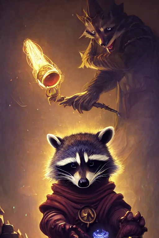 Prompt: closeup 3 5 mm anthropomorphic sorcerer raccoon casting a spell in a castle, d & d, fantasy, intricate, action pose, particle effects, highly detailed, digital painting, artstation, concept art, matte, sharp focus, volumetric lighting, illustration, hearthstone, art by artgerm, wlop, greg rutkowski and alphonse mucha