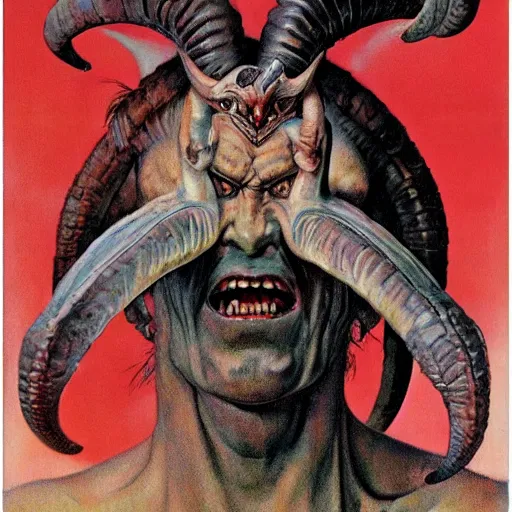 Image similar to upper body portrait a demon with the horns of a ram, by norman rockwell and boris vallejo