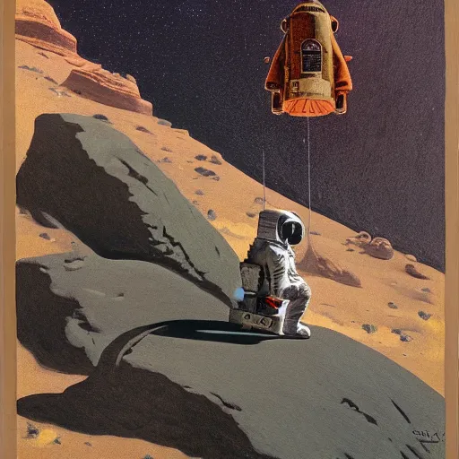 Prompt: wide-angle painting of an astronaut posing on a boulder with his pet lizard by chesley bonestell