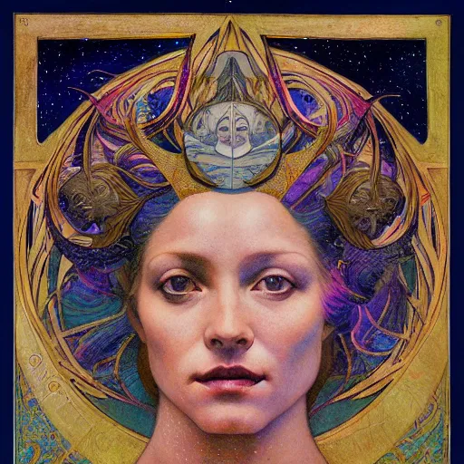 Image similar to queen of the moon with stars in her hair, by annie swynnerton and tino rodriguez and nicholas roerich and jean delville and donato giancola and diego rivera, dramatic lighting, god rays, geometric tattoos, rich colors, smooth sharp focus, extremely detailed, adolf wolfli