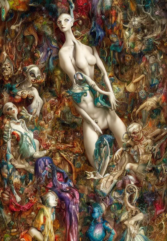 Image similar to simplicity, colorful muscular eldritch mannequins dolls radiating town fractal, white bones, colorful gems, by h. r. giger and esao andrews and maria sibylla merian eugene delacroix, gustave dore, thomas moran, pop art, chiaroscuro, biopunk, art nouveau