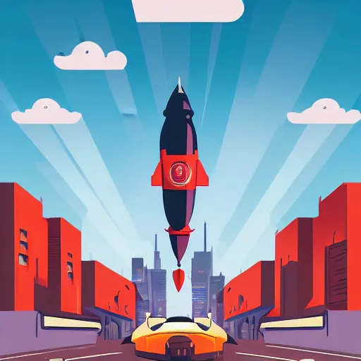 Prompt: rocket standing on a street in the middle of a cyberpunk city, neon signs, beige background, minimalism, clouds, night time, dramatic lighting flat design, flat colors, in the style of a soviet propaganda poster