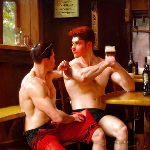 Image similar to attractive muscular male with red hair, and muscular attractive male with black hair, shorts, drinking their hearts out, in a pub. very defined and highly detailed painting by j. c. leyendecker, gaston bussiere, craig mullins 8 k