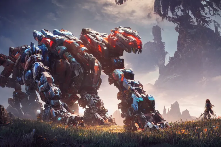 Image similar to tremortusk machine mecha animal beast robot of horizon forbidden west horizon zero dawn bioluminiscence global illumination ray tracing hdr fanart arstation by sung choi and eric pfeiffer and gabriel garza and casper konefal