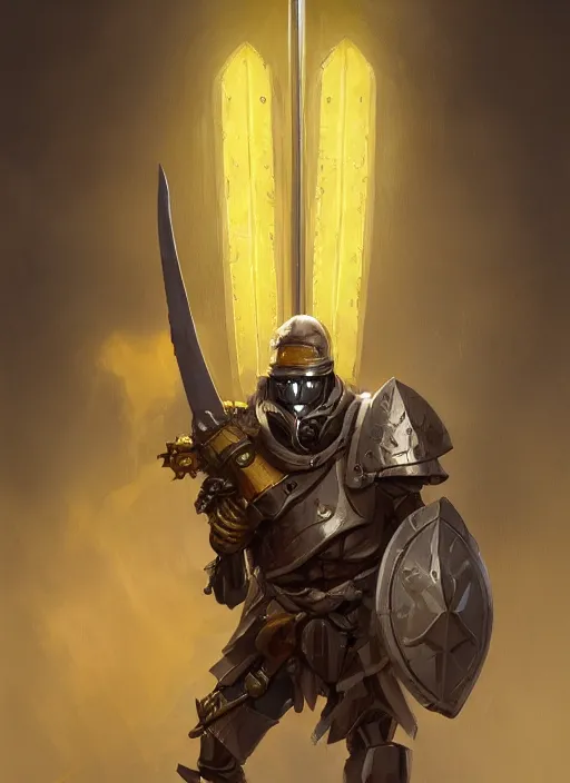 Prompt: dynamic portrait of a warforged character in yellow armor holding a paladin engraved longsword and carrying a big shield, epic , trending on ArtStation, cinematic lighting, by Greg Rutkowski and Jesper Ejsing
