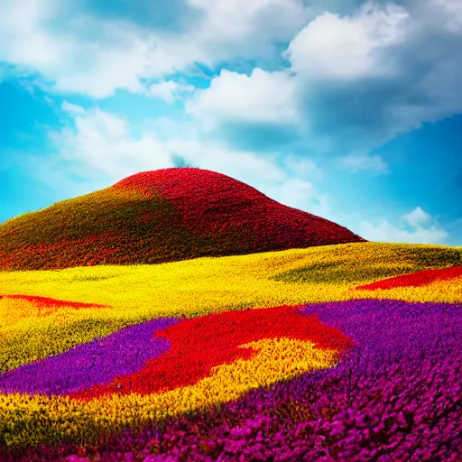 Prompt: a hill with flowers, colors red, yellow, purple, Photoshot, realistic