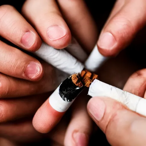 Prompt: Close-up of hyperrealistic soft only full hand holding cigarette with smoke, white background, 4K