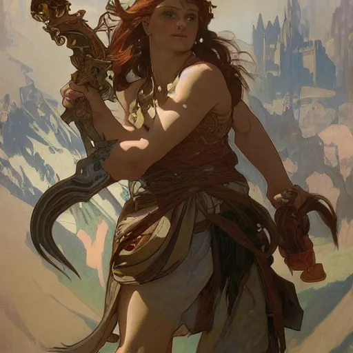 Prompt: Half giant barbarian, Wielding Greatsword, by alphonse mucha, Adolfo Hohenstein, Alice Russell Glenny, Stanley Artgerm Lau, greg rutkowski, detailed 4k , concept art, trending on artstation, smooth, sharp focus