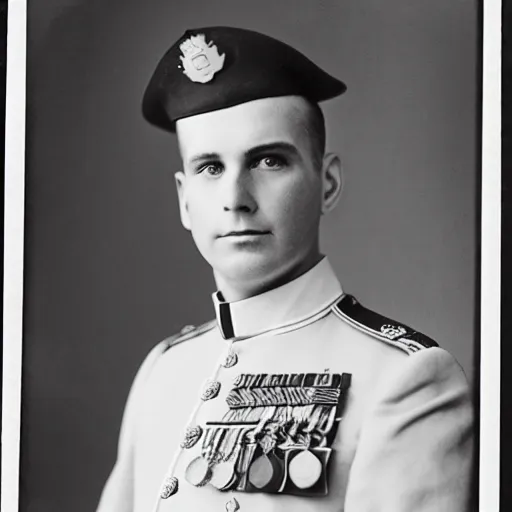 Image similar to his highness the heir presumptive, a clean shaven man in his early 3 0 s with a pleasant look and thick, light hair, his military uniform bearing several medals, black and white photography, kodak retina i, 3 5 mm, photo taken 1 9 0 8