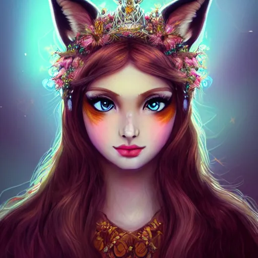 Image similar to portrait of a fox wearing a tiara wreath flowers, fantasy art, d & d, trending on artstation deviantart, beautiful art, highly detailed