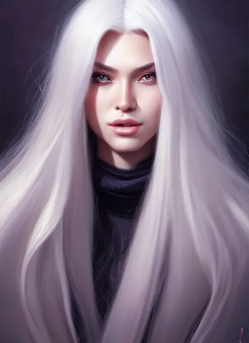 Image similar to a gorgeous female with long white hair in the style of stefan kostic, realistic, full body shot, wide angle, sharp focus, 8 k high definition, insanely detailed, intricate, elegant, art by stanley lau and artgerm, floating embers