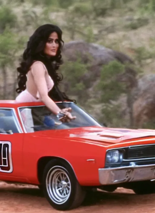 Image similar to film still of salma hayek as daisy duke in the tv show dukes of hazzard, general lee car, 4k.