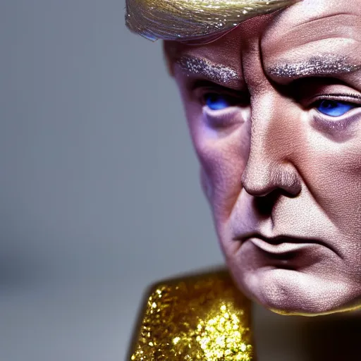 Prompt: Donald Trump with silver-violet hair, white eyes and golden glittery dress, wide lens, diorama, 4k,