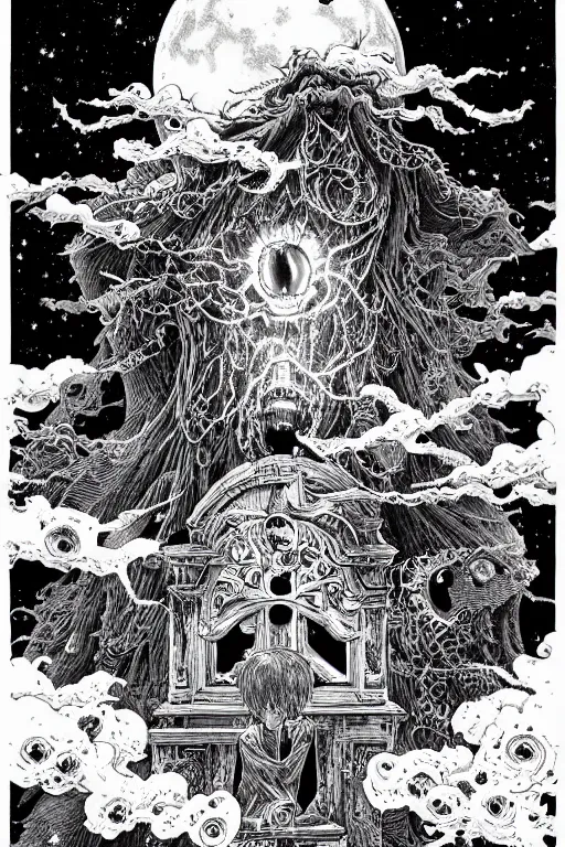 Image similar to lost soul ghost, night sky, highly detailed ink illustration of a forgotten cemetery, b & w clean shaped illustration by kim jung gi, ric estrada, ron english and eiichiro oda