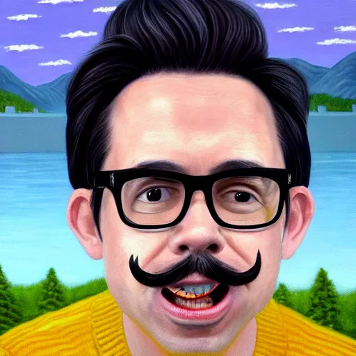 Image similar to An Oil Painting of Rivers Cuomo in a sweater with long hair and a mustache sweating bullets as he looks outside his window in his apartment to see kim jong un's nukes falling onto the city, hyperrealistic, extremely realistic, highly realistic, HD Quality, 4k resolution, 8k resolution, Detailed, Very Detailed, Highly Detailed, Extremely Detailed, Intricate Details, Real, Very Real, Oil Painting, Digital Painting, Painting, Trending on Deviantart, Trending on Artstation