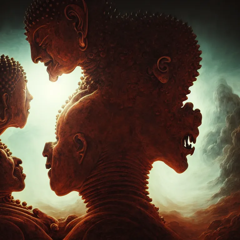 Prompt: portrait of two buddhist demons kissing each other in wastelands on white exoplanet at night, baroque portrait painting, beautiful intricate insanely detailed octane render, artstation, 8 k artistic harsh flash photography, photorealistic, volumetric perfect light, chiaroscuro, raphael, caravaggio, beksinski, rutkowski, giger