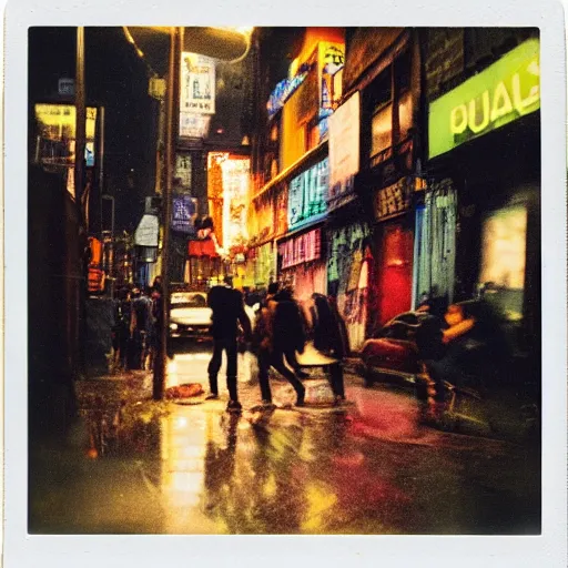 Image similar to polaroid of punks on the lower east side, colorful, nighttime, raining!