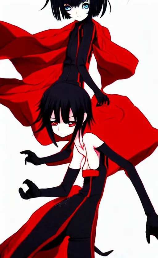 Prompt: anime girl with a detailed face and black hair in a red outfit under an empty space, full body, trending, illustration, by hiroyuki imaishi