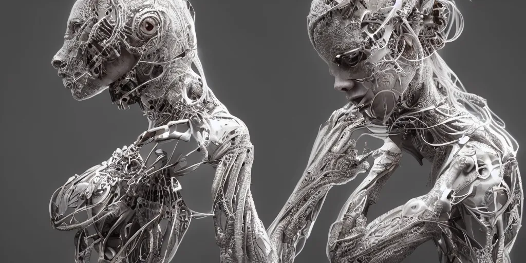 Image similar to hyper realistic photography of a stunningly beautiful cyborg female, plated arm, intimate, holding close, ribbon, in the style of beth cavener, jin kagetsu,, and wlop, highly detailed, intricate filigree, symmetry, masterpiece, award winning, sharp focus, concept art, highkey lighting, ambient lighting, octane render, 8 k, artstation