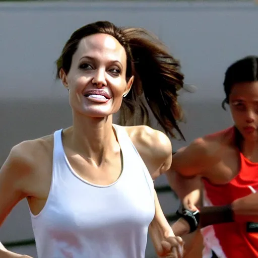 Prompt: angelina jolie running track and field. high definition