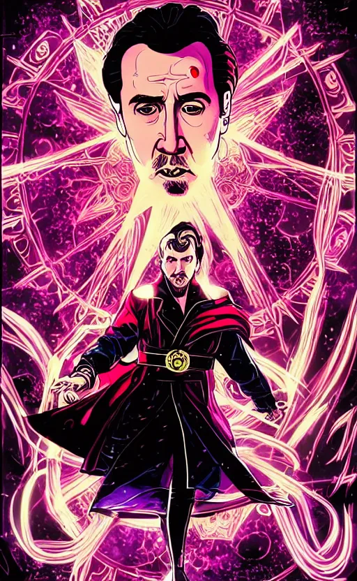 Image similar to nicolas cage as Doctor Strange, dramatic lighting, style of mcbess + Laurie Greasley + Satoshi Kon, symmetric lights and smoke, psychedelic effects, glowing particles, neon smoke