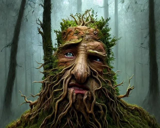 Image similar to a talking tree, a face in the bark, mouth in the bark, nose made of wood, eyes in the bark, fantasy concept art, digital painting, oil painting, hyperrealistic, beautiful, treebeard, ent, magical, highly detailed, soft lighting, very detailed eyes, artstation, cgsociety, in the forest, by alan lee, by artgerm