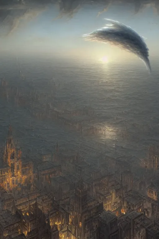 Image similar to a beautiful hyper realistic detailed matte painting of a city floating in the air, flying castle might, vivid color hues, looks like creativity by john howe, greg rutkowski, gustave dore, ferdinand knab, aerial view above a desolate apocalyptic plain, barometric projection, rectilinear, octane render, ellen jewett, beautiful surreal palatial pulsar at dawn